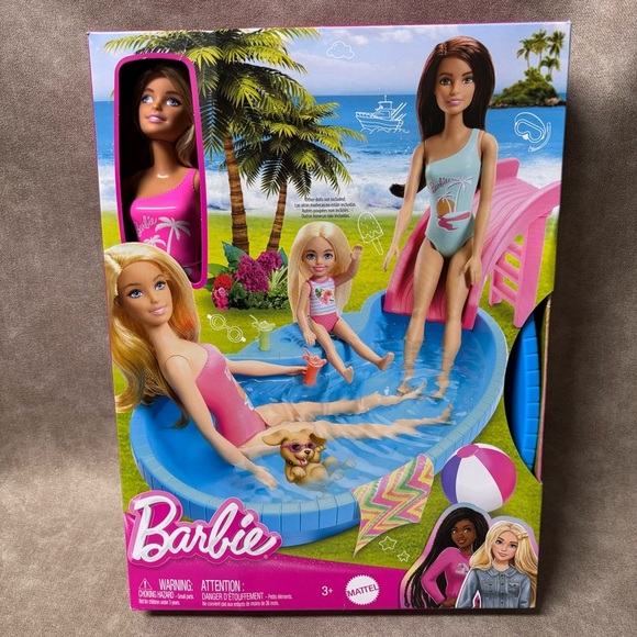 Barbie Doll and Pool Playset Blonde with Pool, Slide, Towel & Drink Accessories - Picture 1 of 6